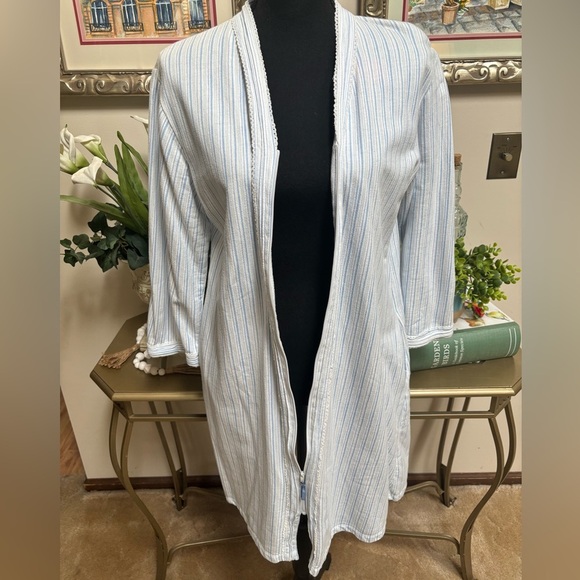 EILEEN WEST STRIPED BLUE & WHITE EYELET ZIP UP ROBE PAJAMAS CASUAL LOUNGING SZ S - Picture 4 of 13